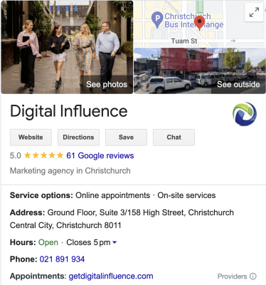 Digital Influence Google My Business Profile Contact Details